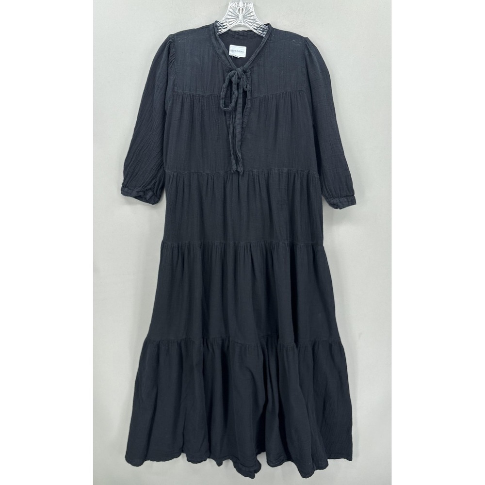 Honorine‎ Dress Womens Small Black Tiered Maxi Boho Cotton Tie Neck Ruffle Hem